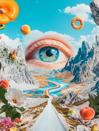 Conceptual image with beautiful human eye against road leading to the mountainsの素材