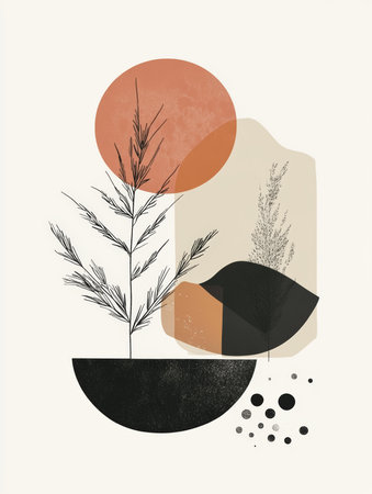 Abstract hand drawn composition. Minimalistic geometric shapes and plants. Vector illustration.の素材