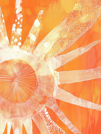 Sun and sunflowers on abstract orange background. Vector illustration.の素材