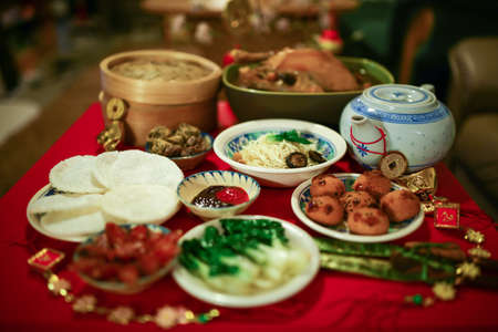 Chinese or Lunar New Year food are served with different kindsの写真素材