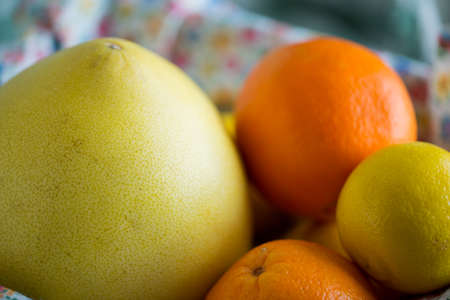 Citrus fruits include pomelo, lime, and orange are mix in a closeup view.