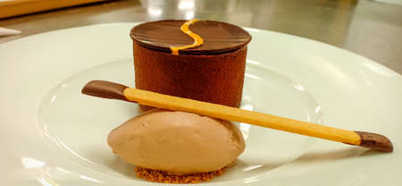 chocolate mousse cake and hazelnut gelato on a pateの写真素材