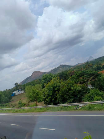 mountains trees and coconut trees view from road sideの写真素材