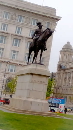 England ,Liverpool,may18 -2013 View of King Edward VII statue in front of the Cunard Building in Liverpool, Englandのeditorial素材