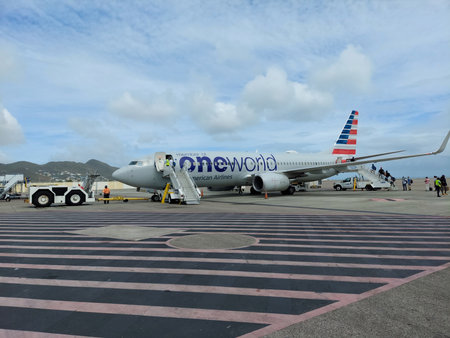 Philipsburg Sint Maarten may 10 2021 American airlines in Princess Juliana International Airport Sint Maartenのeditorial素材