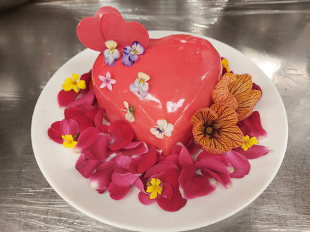Heart-shaped cake with flowers on a metal background, top viewの写真素材