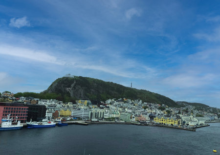 Alesund Bay Cityscape with Stunning Architecture and Picturesque Harborの写真素材