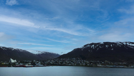 Scenic nature: tranquil lake, snowy mountains, solitary tree - Tromso, Norway.の写真素材