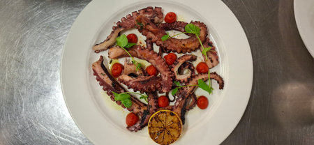 A beautifully presented grilled octopus dish garnished with cherry tomatoes, lemon slice, and herbs, plated on a white round plate. Captures fine dining aesthetics with a focus on seafood cuisine.の写真素材