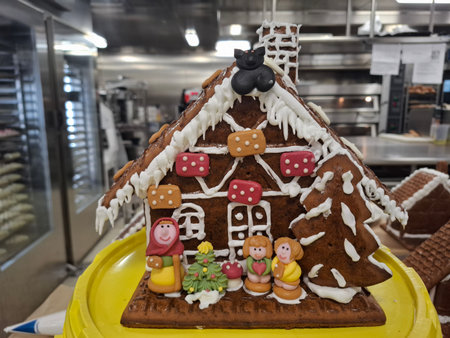 A beautifully designed gingerbread house adorned with icing, candy decorations, and festive figurines. Presented in a professional bakery setting, this image represents creativity, holiday spirit, and traditional holiday baking.の写真素材