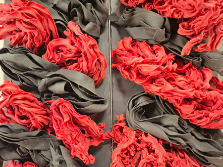 Elegant pasta With Red and Black Frilled Patterns in Abstract Arrangementの写真素材