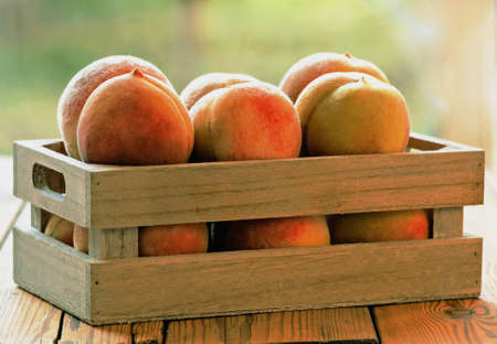 Peaches in a wooden crateの写真素材