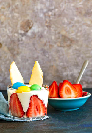 Easter dessert, strawberry mascarpone with rabbit ear shaped cooikes