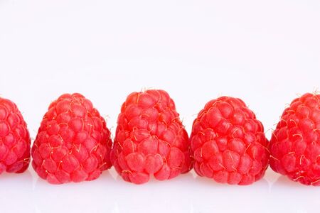 Raspberries in a row on a white backgroundの写真素材