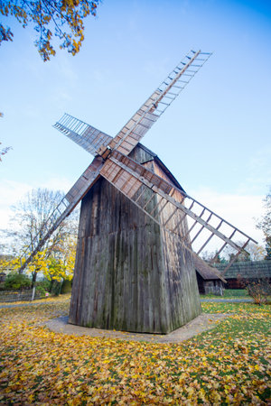 Wooden windmill in skansen in Torun, Polandの写真素材