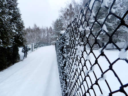 Fragment of the fence. Wire mesh fence. Winter season. A lot of snow.の写真素材