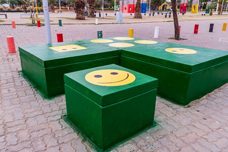 Children kid playground for leisure and recreation activity with toy and slider leftover in the park in childhood color style.の写真素材