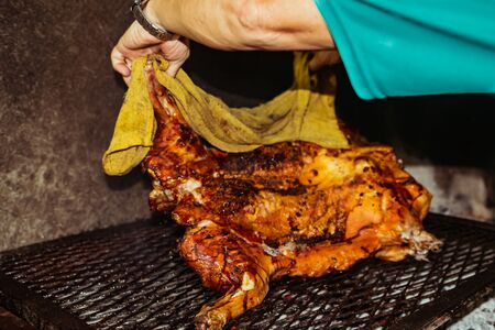 Traditional suckling pig cooked on the charcoal grill. The little pig is roasted whole on an open fire. Organic pig on the spit.の写真素材