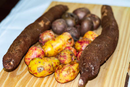 Raw yucca on the wooden table, Manihot esculenta. (Cassava raw tuber) with regional potatoes from the Andes at a market in Peru, Bolivia, Argentina, south america.の写真素材
