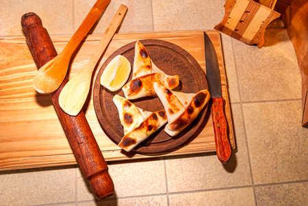 Sfiha, a kind of cake like native to Syria and Lebanon and widely consumed around the world, on a...