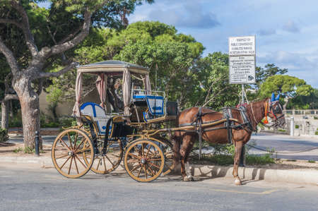Horse-drawn Buggy (Karrozin) in Mdina, Maltaの写真素材