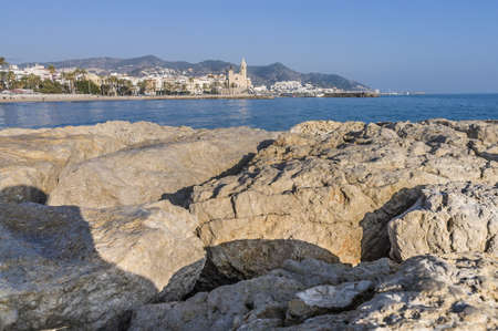 Sant Bartomeu i Santa Tecla church at Sitges on southern Barcelona in Catalonia Province, Spainの写真素材