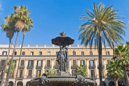 Reial square central fountain located at Barcelona, Spainの写真素材