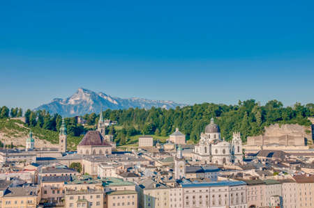 After sunrise Salzburg general view as seen from Capuchin Monastery viewpoint(Kapuzinerkloster), Austriaの写真素材
