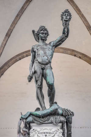 Benvenuto Celliniâs 1545 bronze sculpture of Perseus with the Head of Medusa At Piazza della Signoria located in Florence, Italyの写真素材