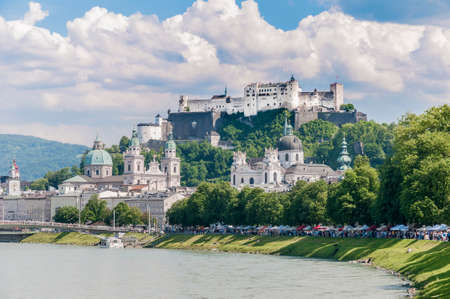 Salzach river on its way through Salzburg city, Austriaのeditorial素材