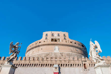 The Mausoleum of Hadrian, usually known as the Castle of the Holy Angel (Castel Sant Angelo), a towering cylindrical building in Parco Adriano, Rome, Italyのeditorial素材