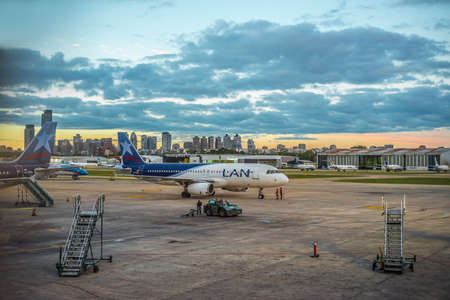 BUENOS AIRES, ARGENTINA - MAR 17: LAN plane taxiing at Jorge Newbery Airport on Mar 17, 2013 in Buenos Aires, Argentina.のeditorial素材