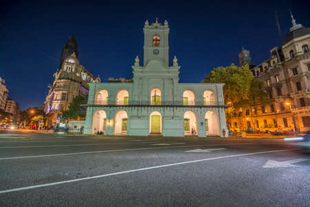 Cabildo building facade at night as seen from Plaza de Mayo in Buenos Aires, Argentinaのeditorial素材