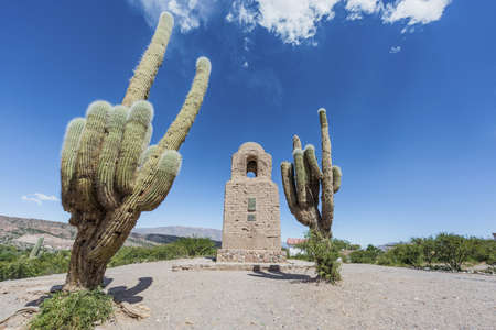 Adobe colonial Chapel in Humahuaca, located north of Tilcara and Purmamarca, in the colourful valley of Quebrada de Humahuaca in Jujuy Province, northern Argentina.の写真素材