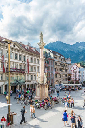 INNSBRUCK, AUSTRIA - AUG 14: St Anne Column (Annasaule) is a statue of the Virgin Mary in Maria-Theresien Street and one of its most famous landmarks on Aug 14, 2013 in Innsbruck, Austria.のeditorial素材