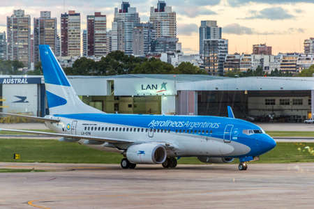 BUENOS AIRES, ARGENTINA - MAR 17: Aerolineas Argentinas plane taxiing at Jorge Newbery Airport on Mar 17, 2013 in Buenos Aires, Argentina.のeditorial素材