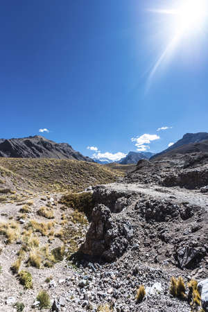 Aconcagua, the highest mountain in the Americas at 6.960.8Â m., located in the Andes mountain range in Mendoza, Argentina.の写真素材