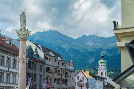St Anne Column in Maria-Theresien Street, a statue of the Virgin Mary atop a Corinthian red marble column erected in 1706 to celebrate the withdrawal of invading Bavarian armies in Innsbruck, Austria.のeditorial素材