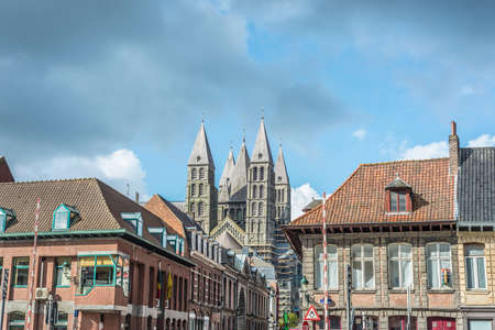 The mixed Romanesque- and Gothic-style Cathedral of Our Lady of Tournai(Notre-Dame de Tournai) in Belgium.のeditorial素材