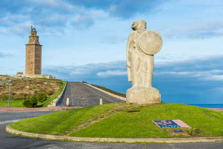 Statue of Breogan, the mythical Celtic king from Galicia and mythological father of the Galician nation located near the Tower of Hercules in A Coruna, Spain.のeditorial素材