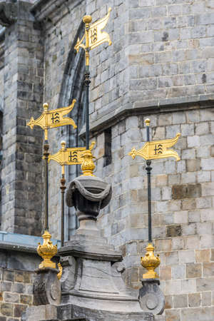 Louis XVI style Pilory Well Fountain built in blue stone in 1779 by Ouvertus in Mons, capital of the Wallonian province of Hainaut in Belgium.のeditorial素材