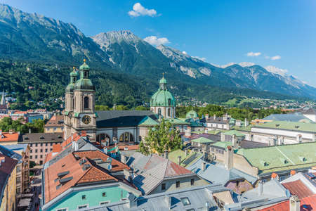 General view of Innsbruck, the capital city of the federal state of Tyrol (Tirol) located in the Inn Valley in western Austria.の写真素材