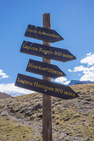 Sign Aconcagua, the highest mountain in the Americas at 6.960.8Â m., located in the Andes mountain range in Mendoza, Argentina.の写真素材