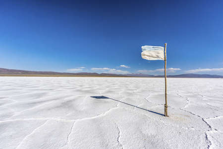 Flag waving on the Salinas Grandes salt flats in Jujuy province, northern Argentina.の写真素材