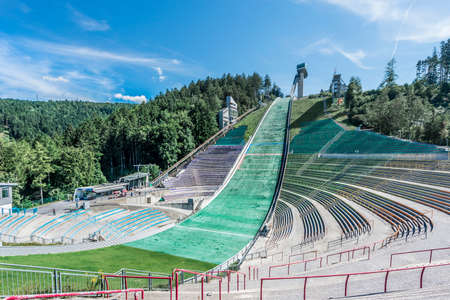 Bergiselschanze ski jumping hill tower finished in 2003 and designed by the British Iraqi architect Zaha Hadid in Bergisel in Innsbruck, Austria.のeditorial素材