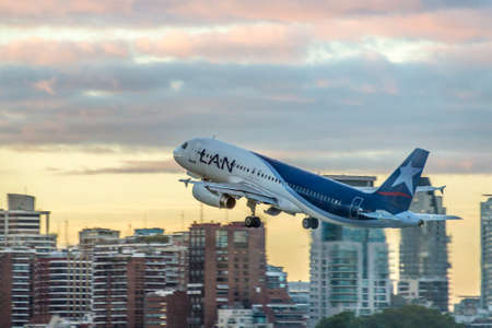 BUENOS AIRES, ARGENTINA - MAR 17: LAN plane taking off at Jorge Newbery Airport on Mar 17, 2013 in Buenos Aires, Argentina.のeditorial素材