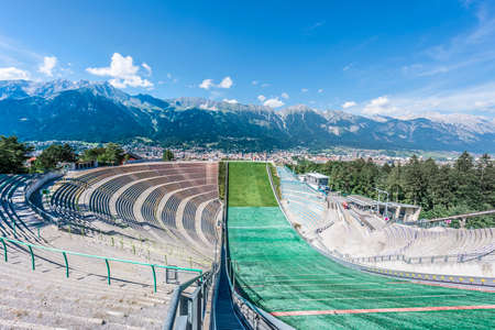 Bergiselschanze ski jumping hill tower finished in 2003 and designed by the British Iraqi architect Zaha Hadid in Bergisel in Innsbruck, Austria.のeditorial素材