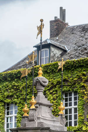 Louis XVI style Pilory Well Fountain built in blue stone in 1779 by Ouvertus in Mons, capital of the Wallonian province of Hainaut in Belgium.のeditorial素材
