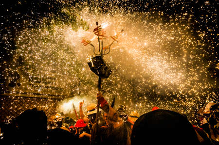 VILAFRANCA DEL PENEDES, SPAIN - SEP 01: Correfoc performance within the Festa Major celebrations Sep 01, 2012 in Vilafranca del Penedes, Spain.のeditorial素材