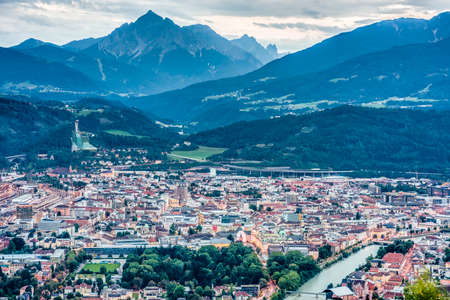 Inn Valley as seen from Nordkette mountain and ski area in Tyrol region, nord of Innsbruck in western Austria.の写真素材
